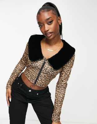 ASOS DESIGN faux fur collar cardigan in animal print - ASOS Price Checker