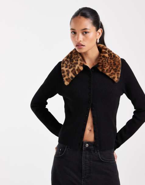 ASOS DESIGN faux fur collar cardigan in black - view 1