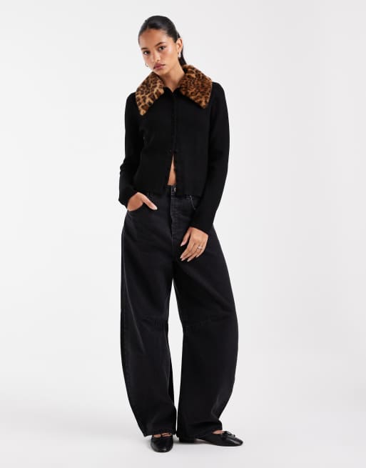ASOS DESIGN faux fur collar cardigan in black, 2 of 4