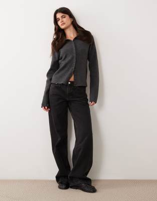Asos Design Faux Fur Collar Cardigan In Gray