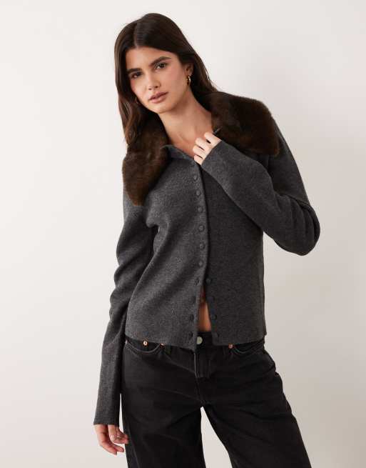 ASOS DESIGN faux fur collar cardigan in charcoal, 3 of 4
