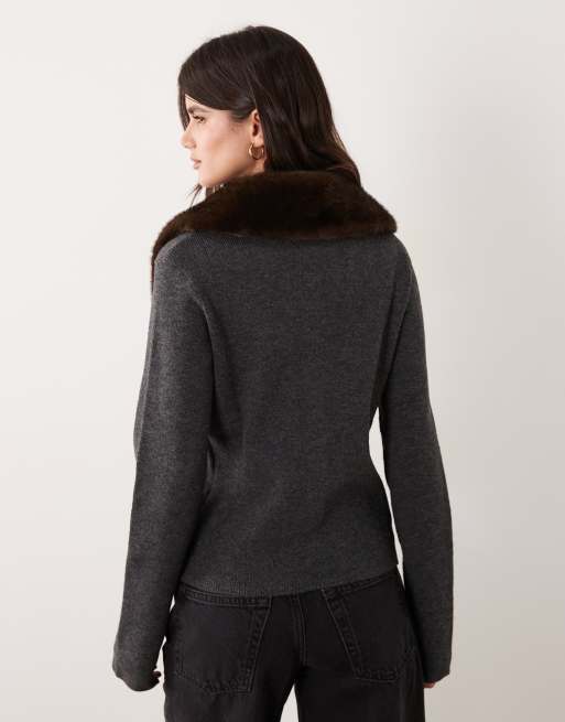 ASOS DESIGN faux fur collar cardigan in charcoal, 4 of 4