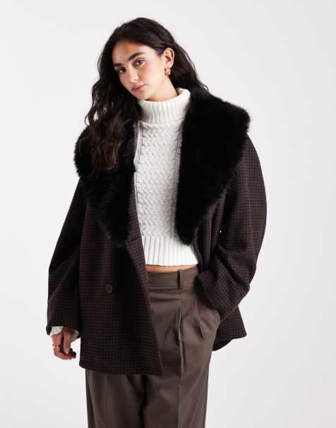 ASOS DESIGN faux fur collar wool blend oversized pea coat in heritage plaid - view 1
