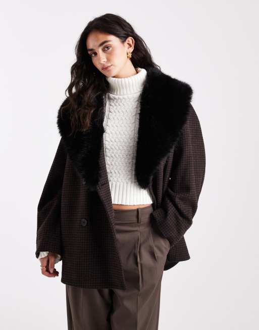 ASOS DESIGN faux fur collar wool blend oversized pea coat in heritage plaid