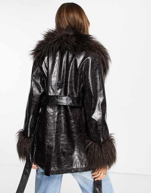 ASOS DESIGN faux fur cuff and collar faux leather jacket in brown