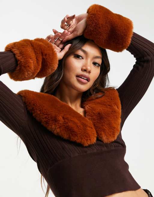 ASOS DESIGN faux fur cuffs in brown