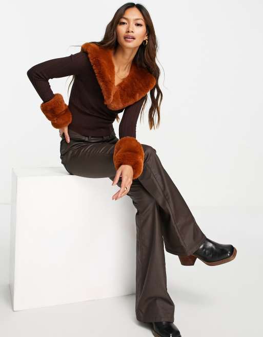 ASOS DESIGN faux fur cuffs in brown