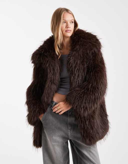 ASOS DESIGN faux fur feather coat in chocolate