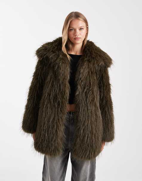 ASOS DESIGN faux fur feather coat in olive - view 1