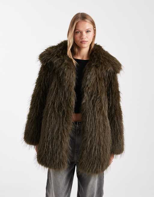 ASOS DESIGN faux fur feather coat in olive
