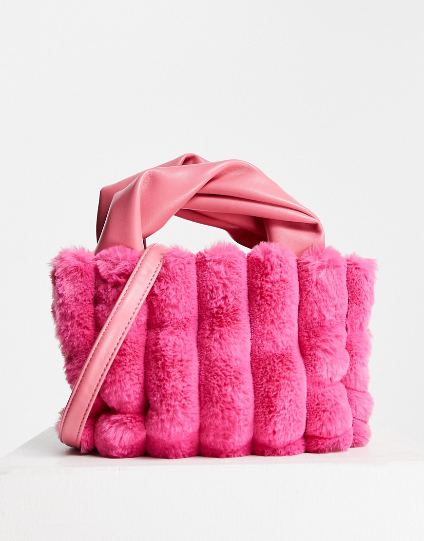 ASOS DESIGN faux fur grab clutch bag with detachable strap in hot pink