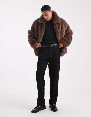 Asos Design Faux Fur Harrington Jacket In Brown