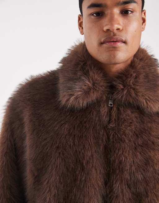ASOS DESIGN faux fur harrington jacket in brown