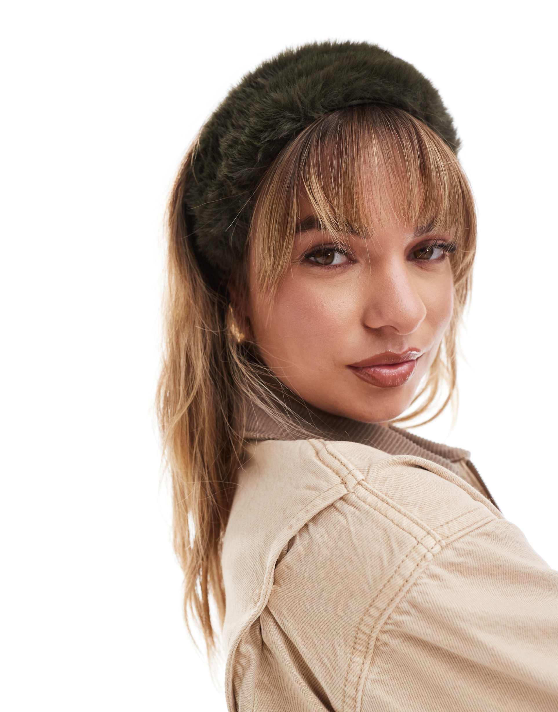 asos design faux fur headband in khaki