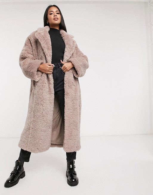 ASOS DESIGN faux fur hero longline maxi coat in mauve