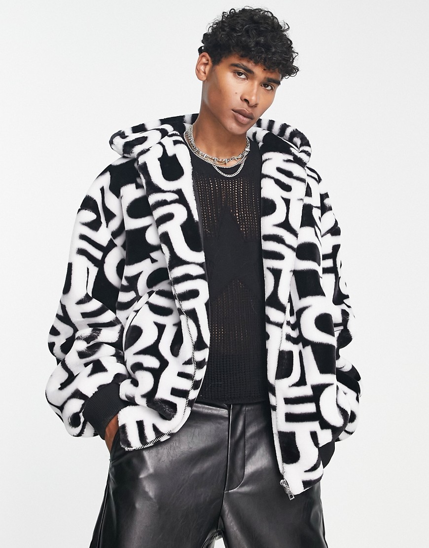 ASOS DESIGN faux fur hooded bomber jacket in black and white letter print-Multi