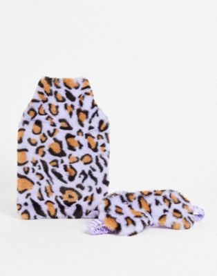 ASOS DESIGN faux fur hot water bottle and eye mask gift set in lilac leopard print
