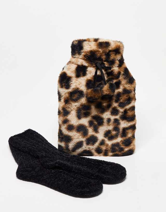 ASOS DESIGN faux fur hot water bottle with chenille socks in leopard print