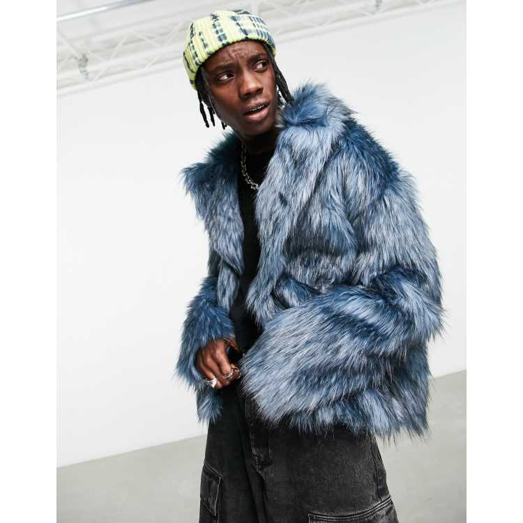 Mens blue 2025 faux fur coat