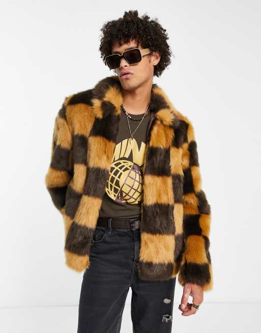 ASOS DESIGN faux fur jacket in brown checkerboard | ASOS