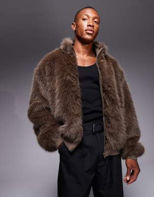 Asos Design Faux Fur Jacket In Brown