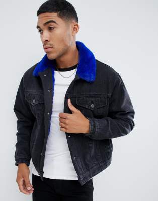 ASOS DESIGN faux fur lined oversized denim jacket in black | ASOS