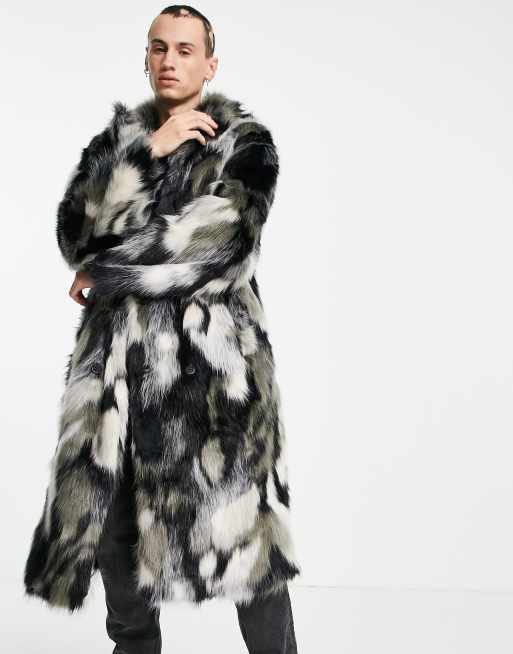 ASOS DESIGN faux fur longline overcoat in black and grey