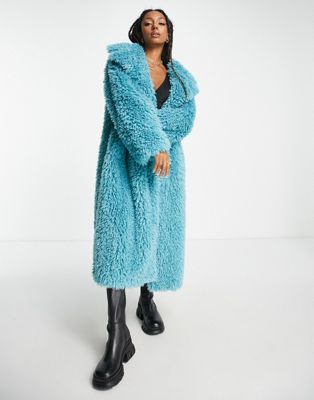 ASOS DESIGN faux fur maxi coat in blue | ASOS