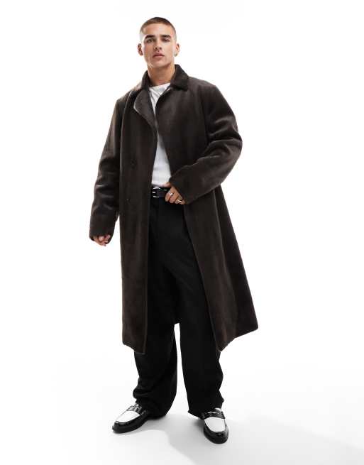 ASOS DESIGN faux fur overcoat in brown, 2 of 4