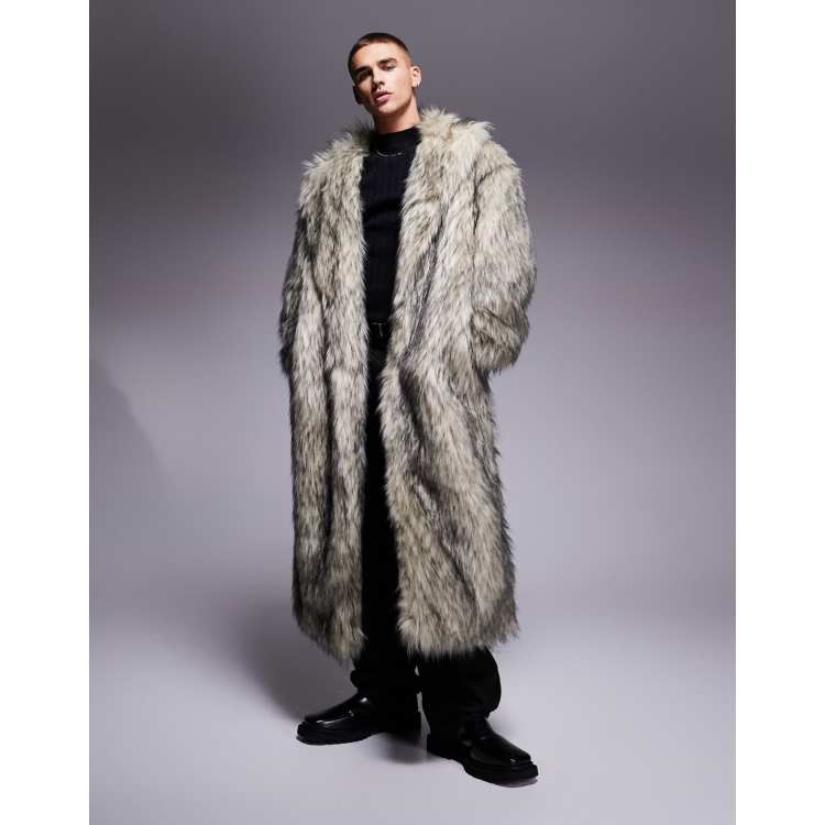 ASOS DESIGN faux fur overcoat in gray with white tipping ASOS