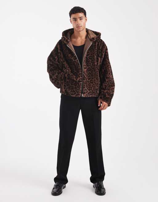 ASOS DESIGN faux fur oversized jacket with hood in leopard print 