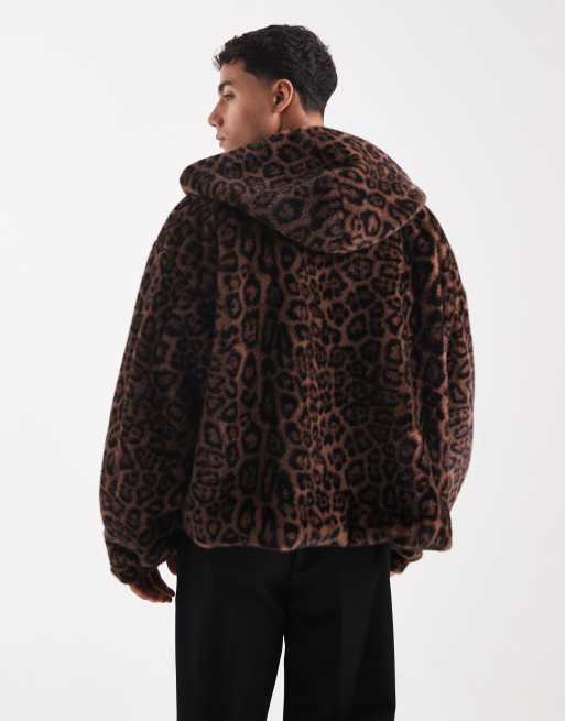 ASOS DESIGN faux fur oversized jacket with hood in leopard print 