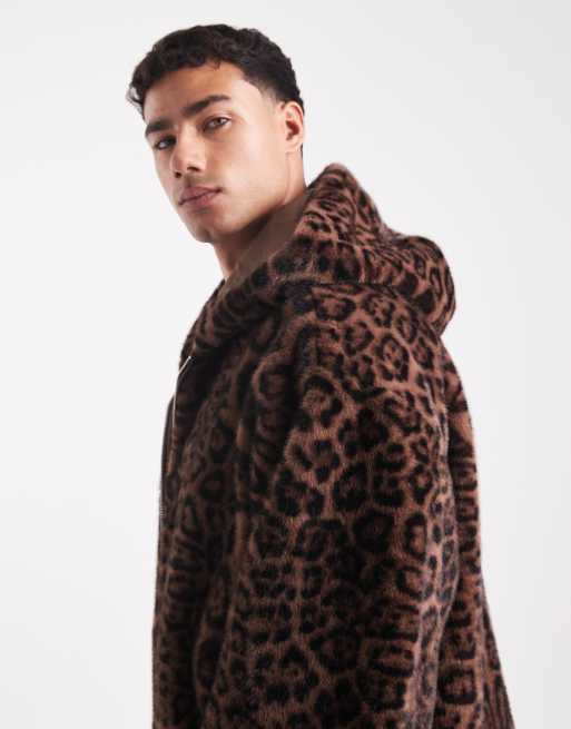 ASOS DESIGN faux fur oversized jacket with hood in leopard print 