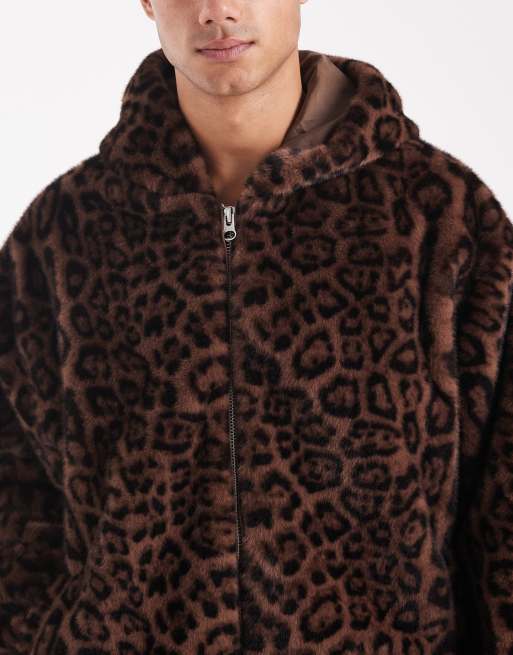 ASOS DESIGN faux fur oversized jacket with hood in leopard print 