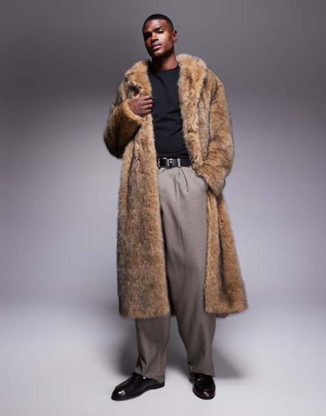 ASOS DESIGN faux fur oversized long overcoat in brown - view 1