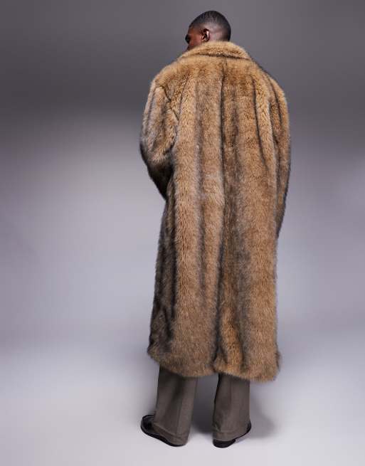 ASOS DESIGN faux fur oversized long overcoat in brown