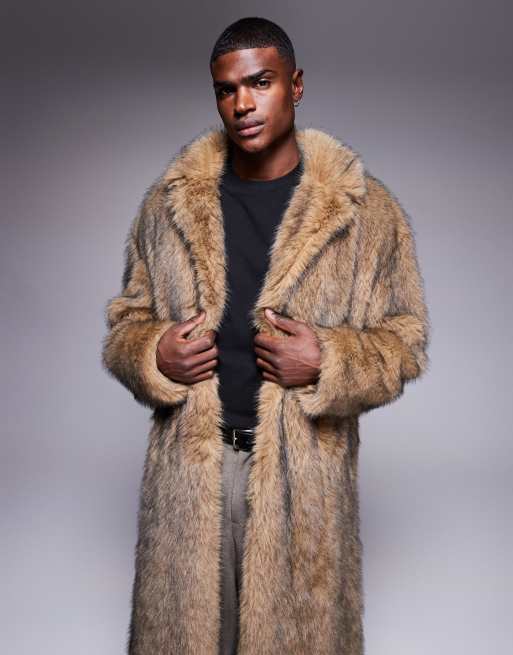 ASOS DESIGN faux fur oversized long overcoat in brown, 3 of 5