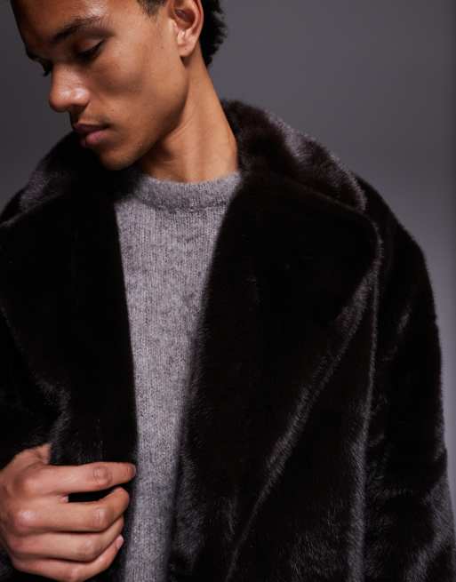 ASOS DESIGN faux fur oversized long overcoat in brown