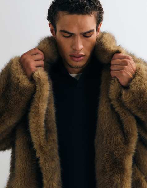 ASOS DESIGN faux fur oversized long overcoat in brown - view 1