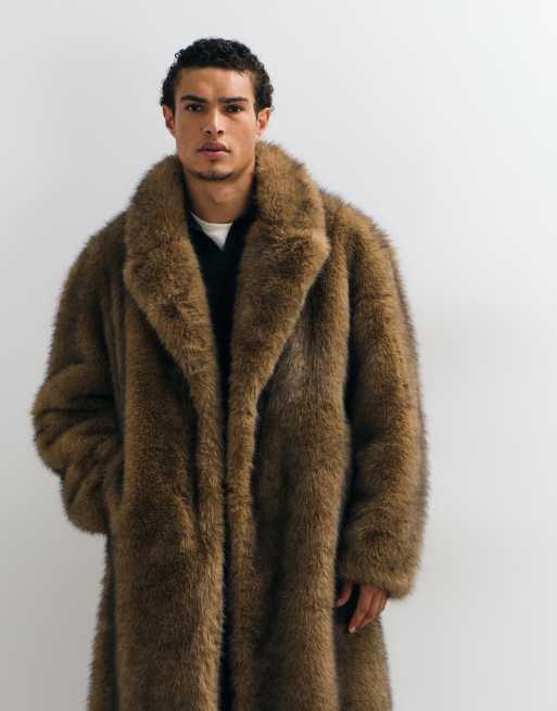 ASOS DESIGN faux fur oversized long overcoat in brown, 2 of 5