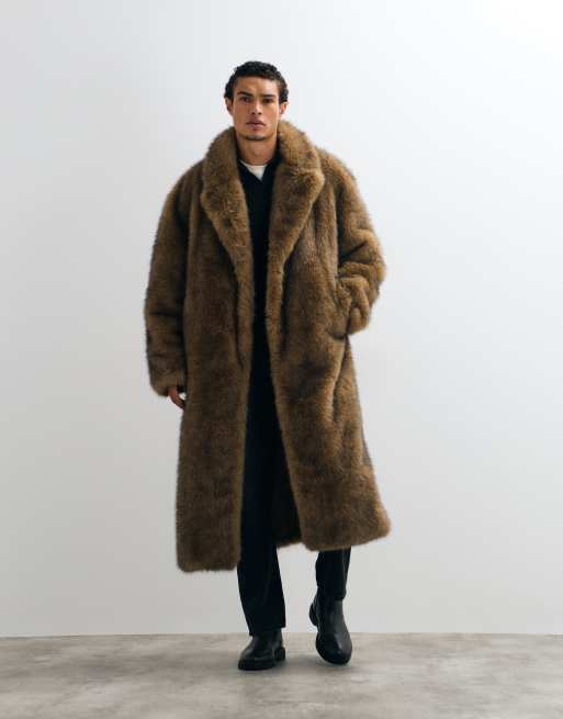 ASOS DESIGN faux fur oversized long overcoat in brown, 3 of 5