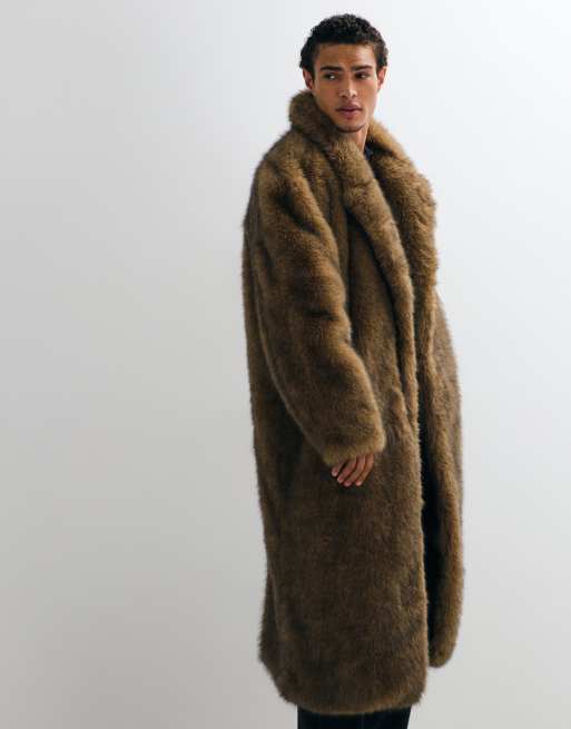 ASOS DESIGN faux fur oversized long overcoat in brown, 4 of 5