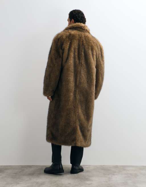 ASOS DESIGN faux fur oversized long overcoat in brown, 5 of 5