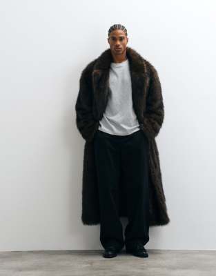 Asos Design Faux Fur Oversized Long Wool Overcoat In Brown