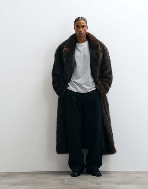 ASOS DESIGN faux fur oversized long wool overcoat in brown - view 1