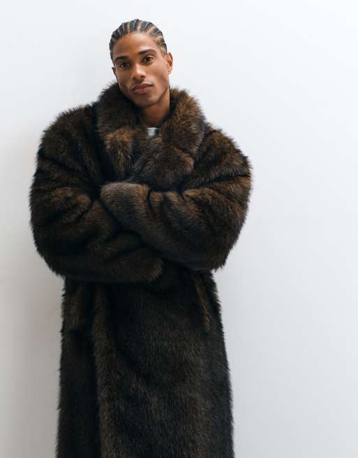 ASOS DESIGN faux fur oversized long wool overcoat in brown, 2 of 5