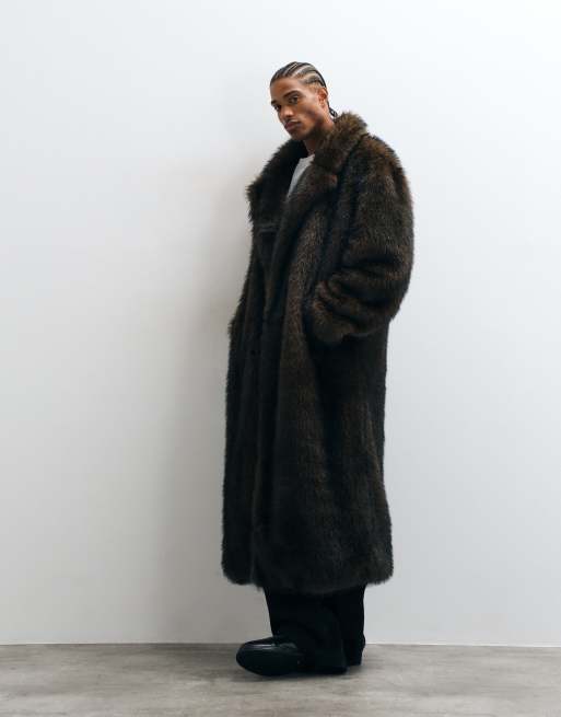 ASOS DESIGN faux fur oversized long wool overcoat in brown, 3 of 5