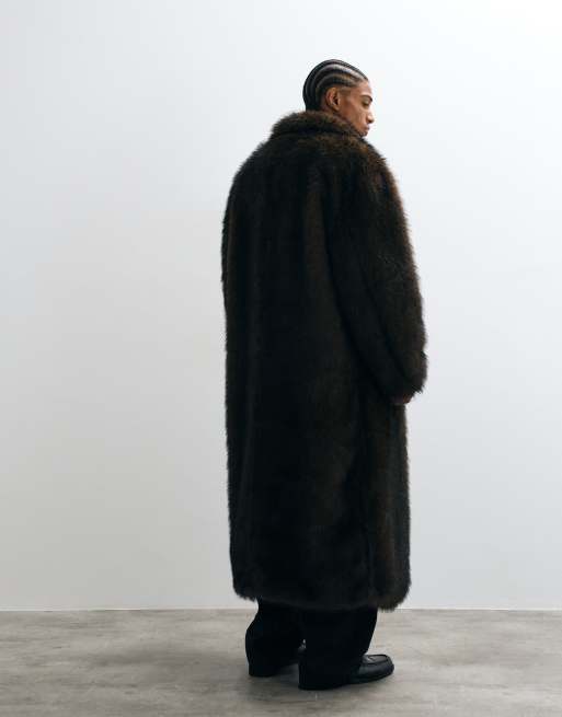 ASOS DESIGN faux fur oversized long wool overcoat in brown, 4 of 5