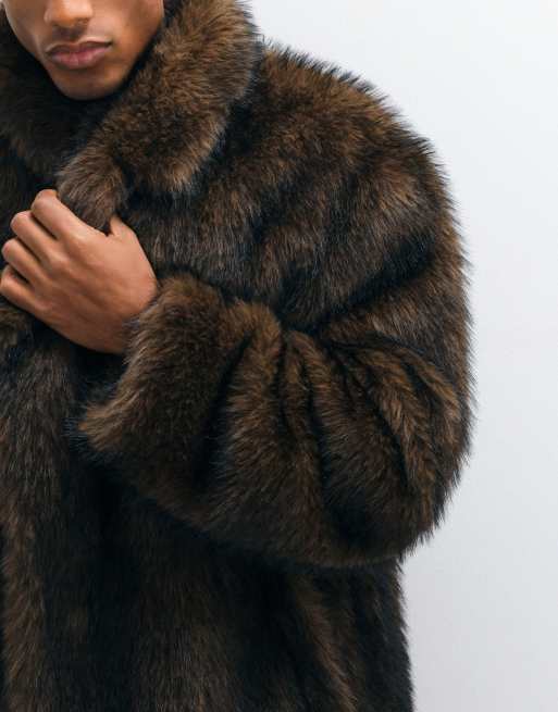 ASOS DESIGN faux fur oversized long wool overcoat in brown, 5 of 5