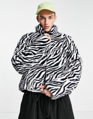ASOS DESIGN faux fur puffer jacket in zebra print